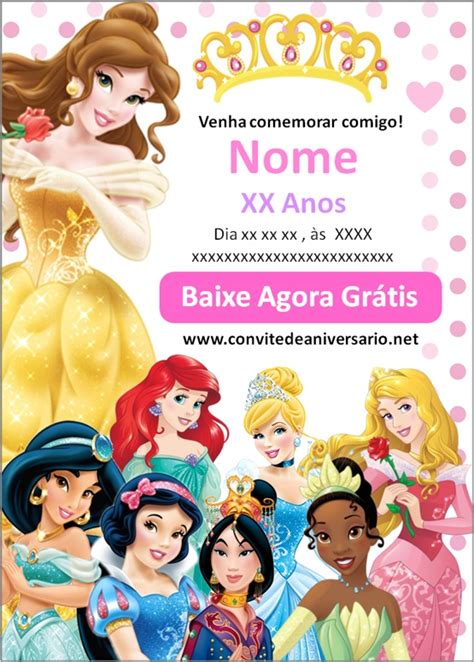 Convite Princesas para editar e imprimir grátis